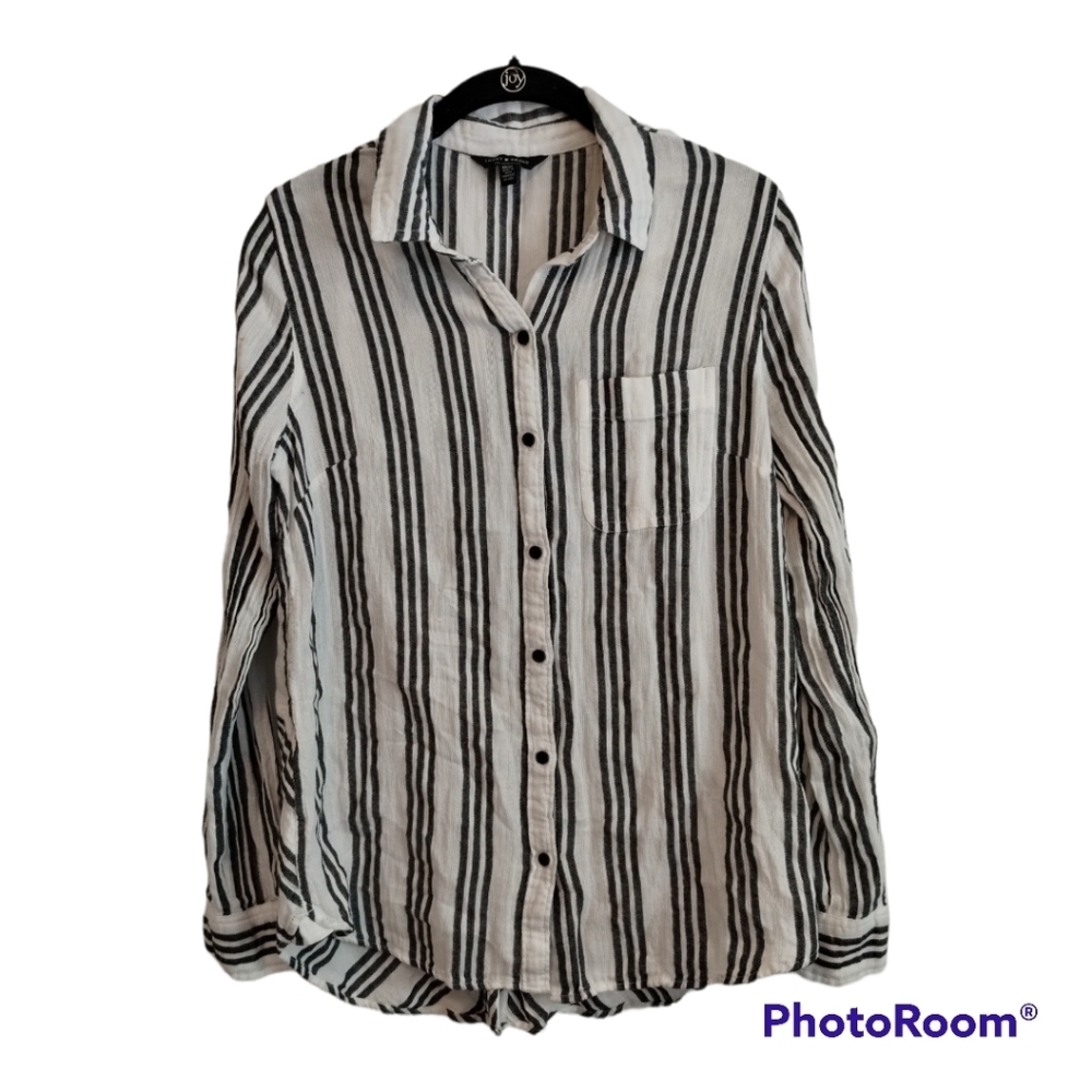 Lucky brand black and white button down with button bottom on back